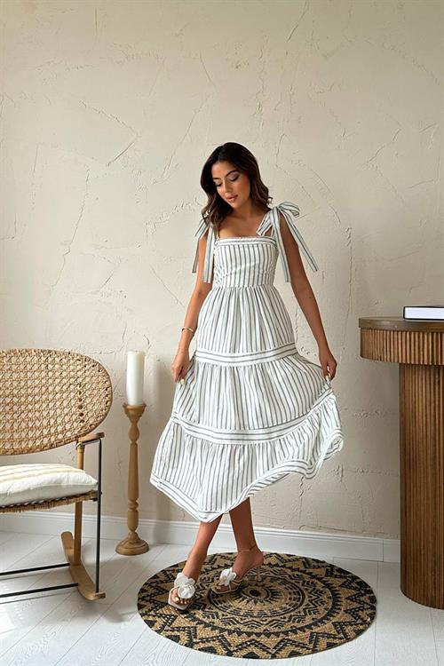 Toptan Mint Omuzdan Bağlamalı Çizgili Elbise