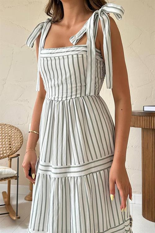 Toptan Mint Omuzdan Bağlamalı Çizgili Elbise