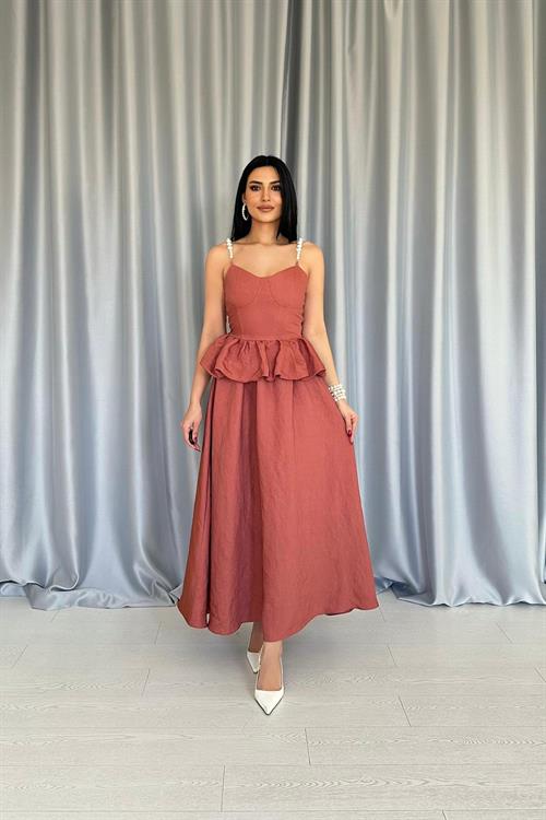 Wholesale Mocha Waist Gathered Pearl Strap Long Dress