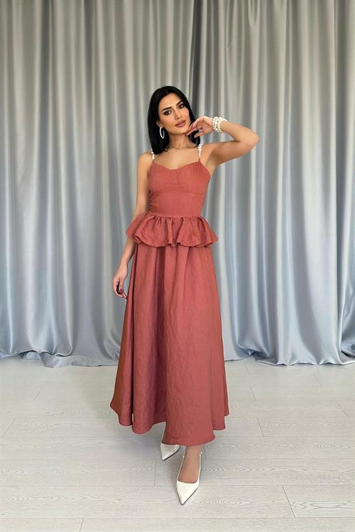 Wholesale Mocha Waist Gathered Pearl Strap Long Dress