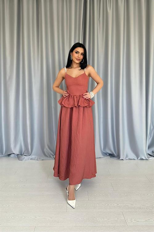 Wholesale Mocha Waist Gathered Pearl Strap Long Dress