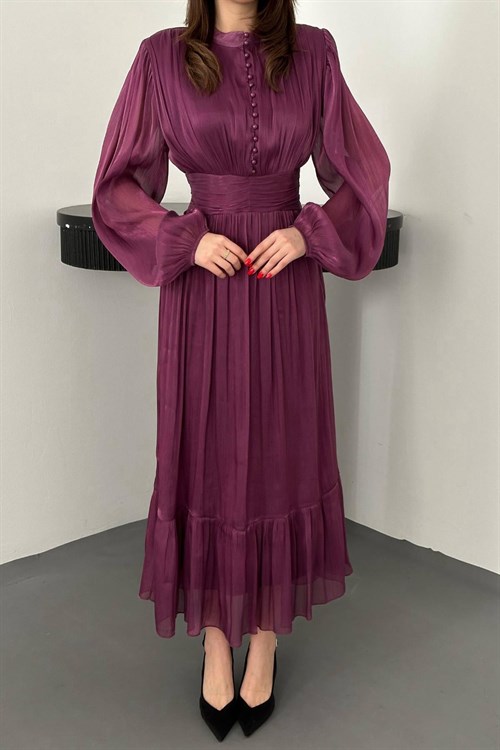 Toptan Mor Bel Büzgülü Elbise