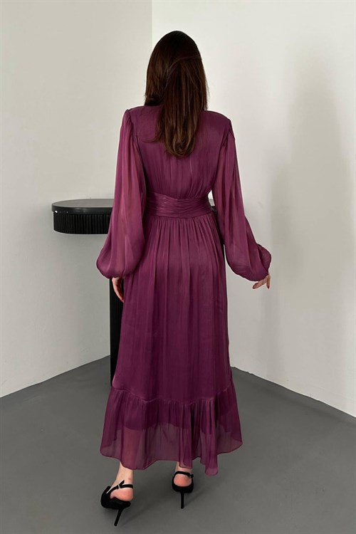 Toptan Mor Bel Büzgülü Elbise