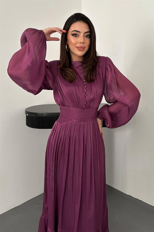Toptan Mor Bel Büzgülü Elbise