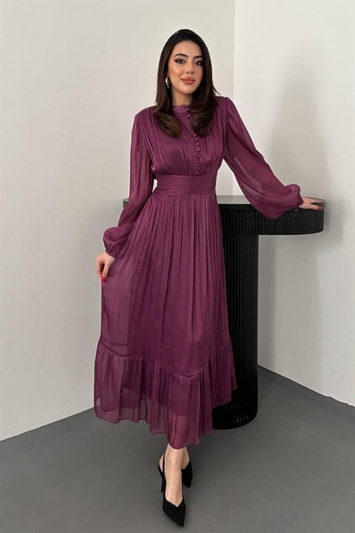Toptan Mor Bel Büzgülü Elbise