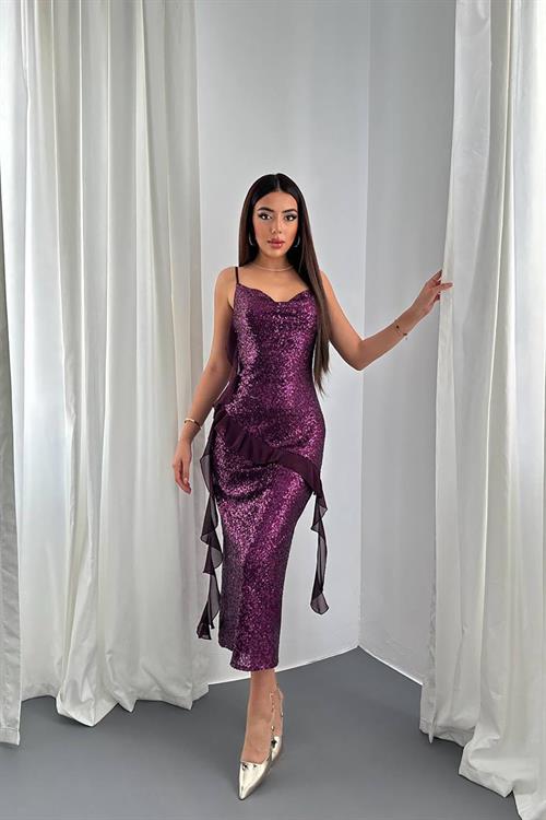 Wholesale Purple Sequin Dress with Chiffon Ruffle