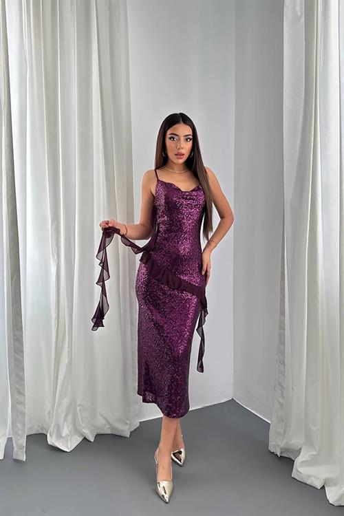Wholesale Purple Sequin Dress with Chiffon Ruffle