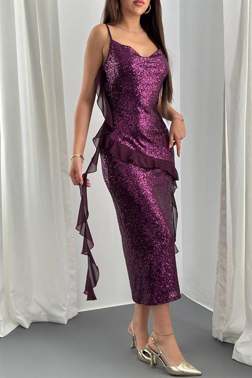 Wholesale Purple Sequin Dress with Chiffon Ruffle