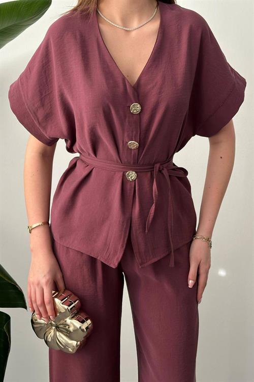 Wholesale Plum Modal Two-Piece Set with Gold Buttons and Matching Belt