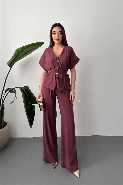 Wholesale Plum Modal Two-Piece Set with Gold Buttons and Matching Belt