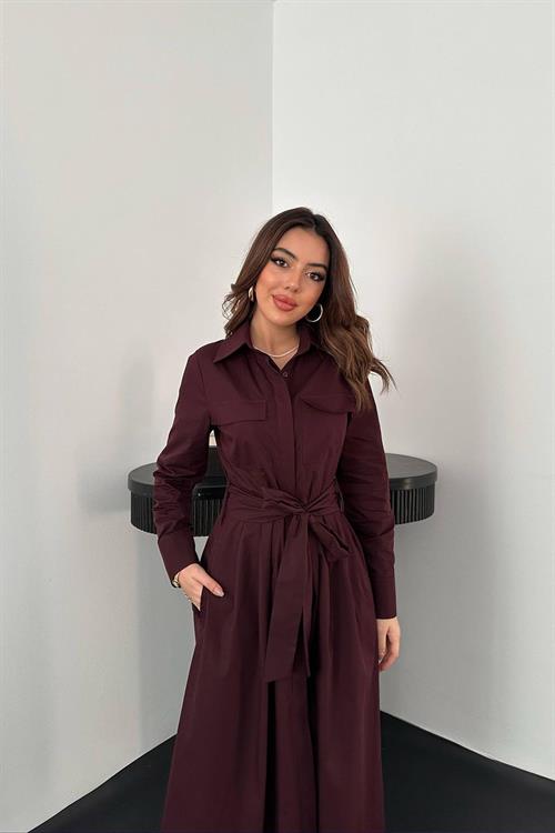 Wholesale Plum Button-Up Poplin Dress