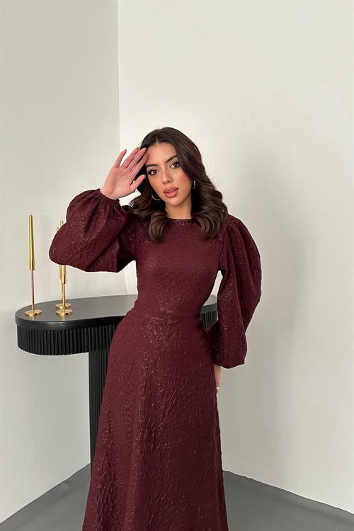 Wholesale Plum Embossed Shimmery Maxi Dress with Lace Trim