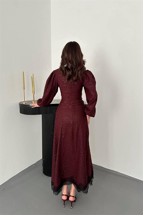 Wholesale Plum Embossed Shimmery Maxi Dress with Lace Trim