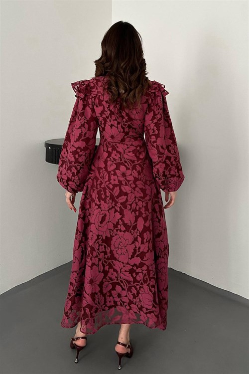 Toptan Mürdüm Yakası Fular Detaylı Elbise