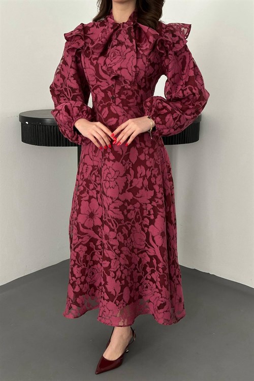 Toptan Mürdüm Yakası Fular Detaylı Elbise