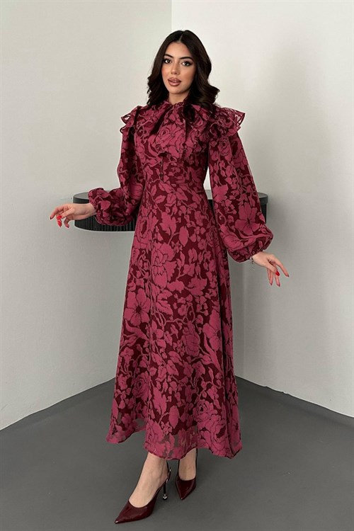 Toptan Mürdüm Yakası Fular Detaylı Elbise