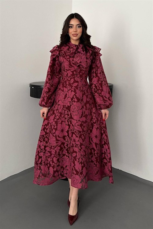 Toptan Mürdüm Yakası Fular Detaylı Elbise