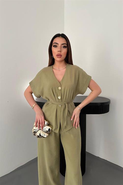 Wholesale Olive Modal Two-Piece Set with Gold Buttons and Matching Belt