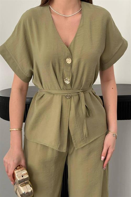 Wholesale Olive Modal Two-Piece Set with Gold Buttons and Matching Belt