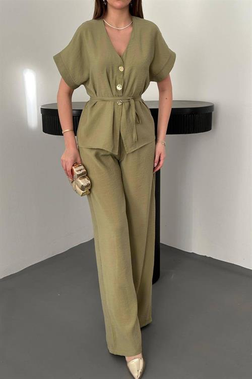 Wholesale Olive Modal Two-Piece Set with Gold Buttons and Matching Belt