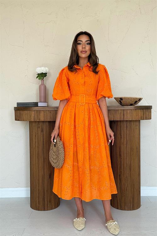 Toptan Oranj Pileli Balkon Elbise