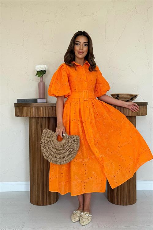 Toptan Oranj Pileli Balkon Elbise