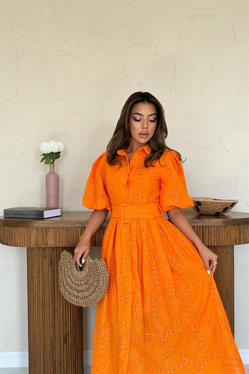 Toptan Oranj Pileli Balkon Elbise