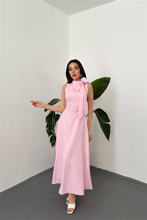 Wholesale Pink Tie-Neck Long Dress