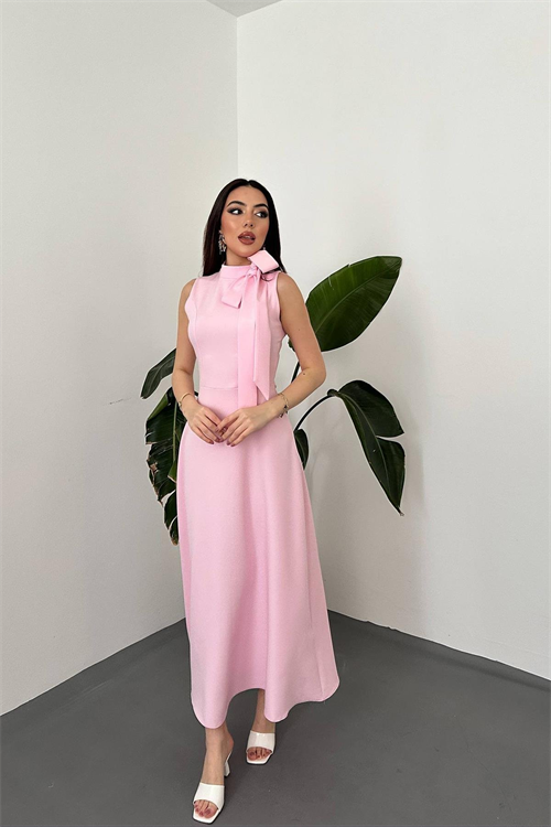 Wholesale Pink Tie-Neck Long Dress