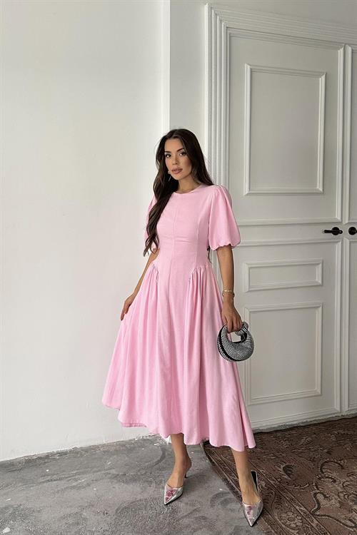Wholesale Pink Balloon-Sleeve Linen Dress