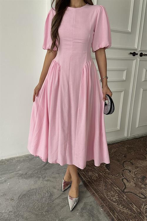 Wholesale Pink Balloon-Sleeve Linen Dress