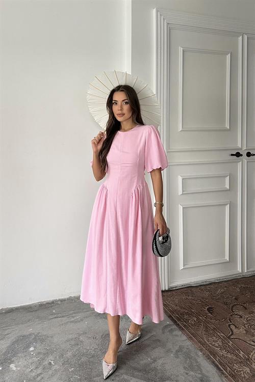 Wholesale Pink Balloon-Sleeve Linen Dress
