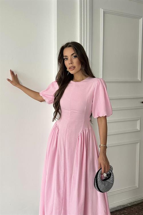 Wholesale Pink Balloon-Sleeve Linen Dress