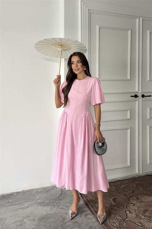 Wholesale Pink Balloon-Sleeve Linen Dress