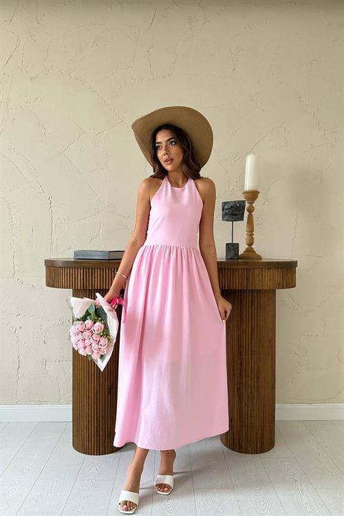 Toptan Pembe Arkası Gipeli Keten Elbise