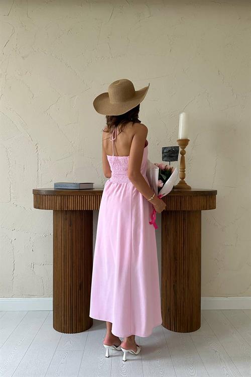 Toptan Pembe Arkası Gipeli Keten Elbise