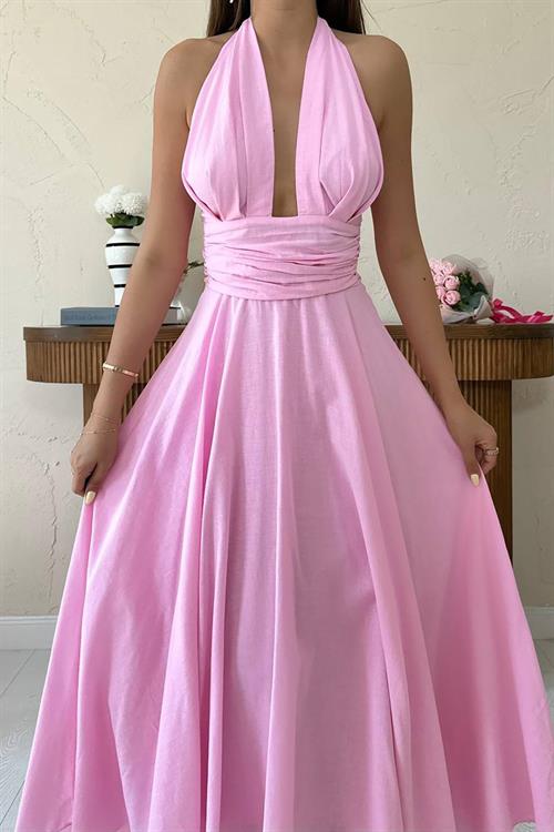 Wholesale Pink Halter-Neck Linen Dress