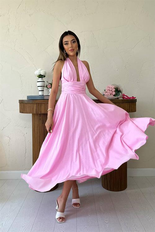 Wholesale Pink Halter-Neck Linen Dress