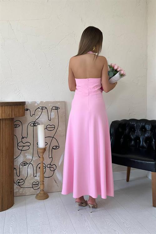 Toptan Pembe Atlas Göğüs Kuplu Elbise