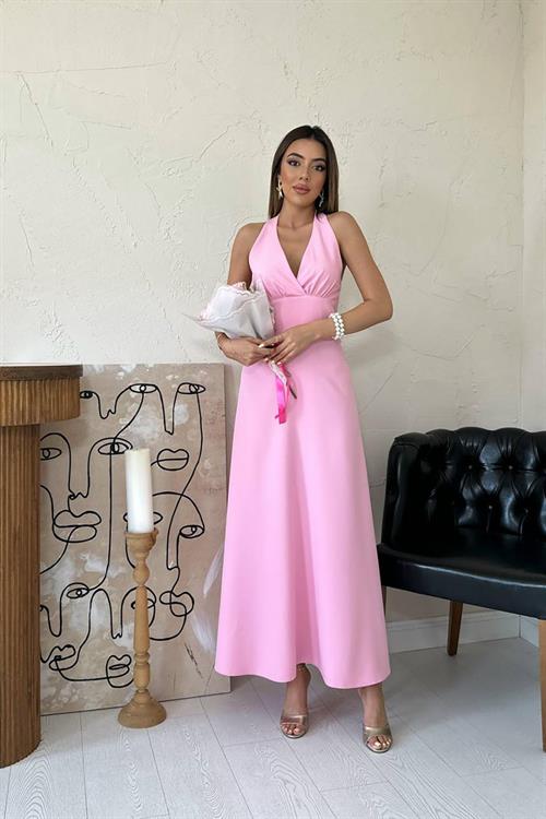 Toptan Pembe Atlas Göğüs Kuplu Elbise