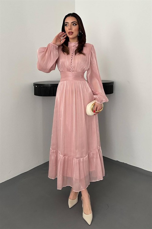 Toptan Pembe Bel Büzgülü Elbise