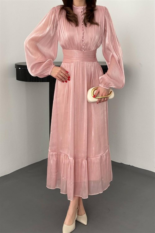 Toptan Pembe Bel Büzgülü Elbise