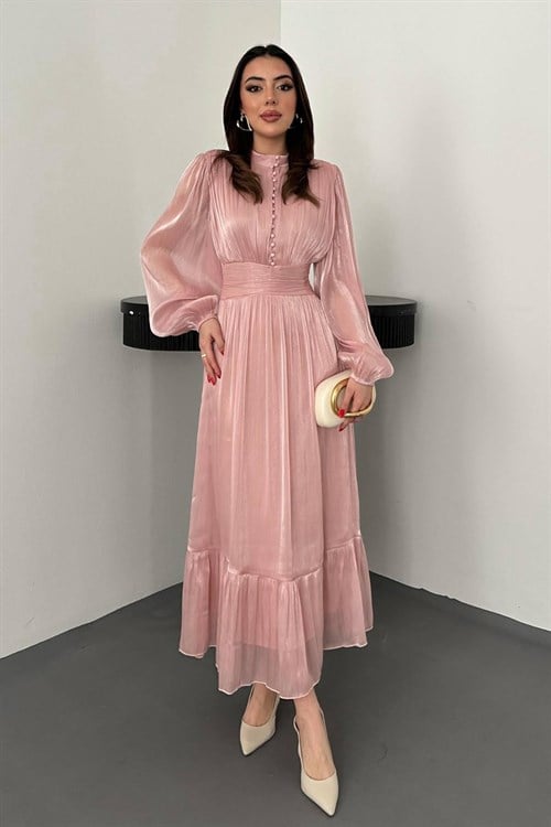Toptan Pembe Bel Büzgülü Elbise