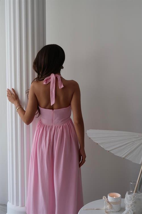 Toptan Pembe Boyundan Bağlamalı Keten Elbise