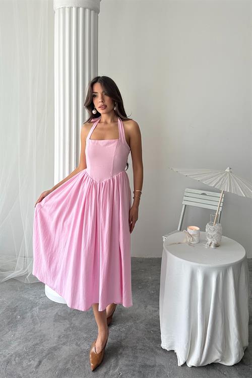Toptan Pembe Boyundan Bağlamalı Keten Elbise