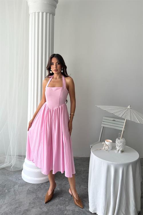 Toptan Pembe Boyundan Bağlamalı Keten Elbise
