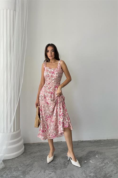 Toptan Pembe Çiçekli Viskon Elbise