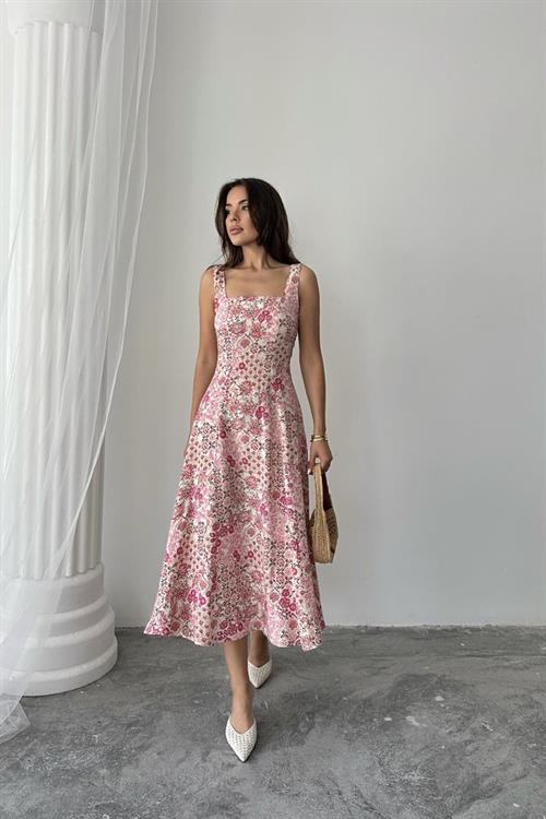 Toptan Pembe Çiçekli Viskon Elbise