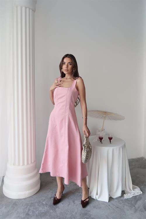 Toptan Pembe Çift Dikişli Gabardin Elbise