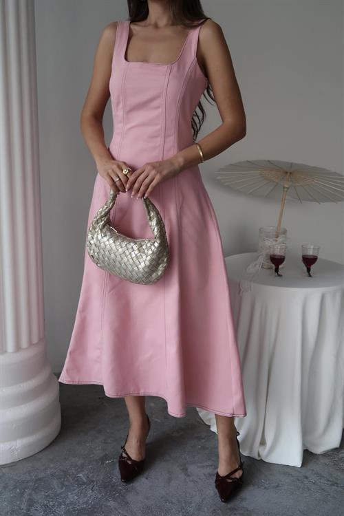 Toptan Pembe Çift Dikişli Gabardin Elbise